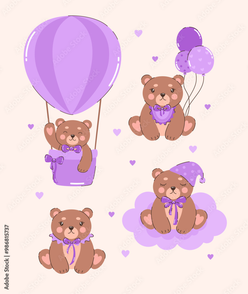 A set of bears in purple clothes with balls. Flat vector illustration.