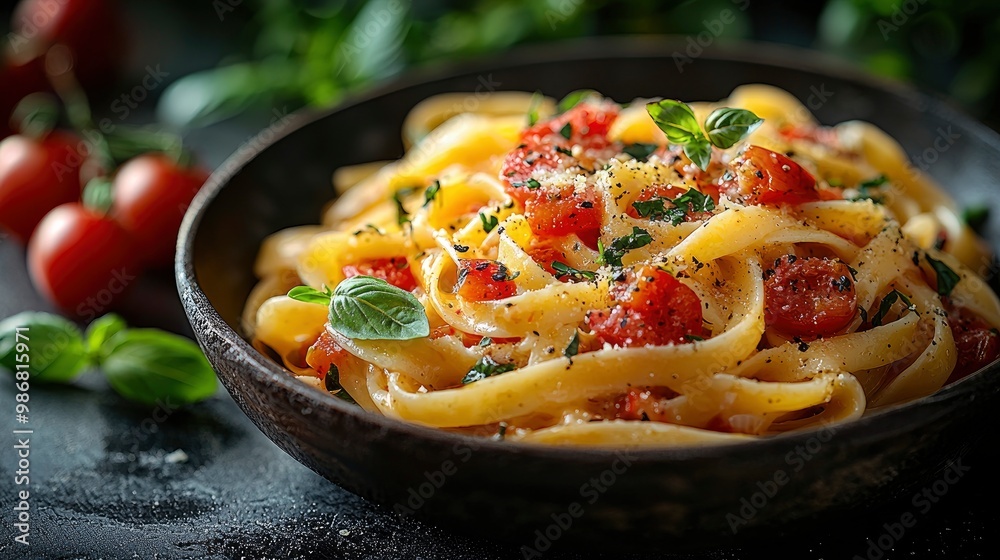 Fototapeta premium Close-up of Delicious Fettuccine Pasta with Cherry Tomatoes and Basil