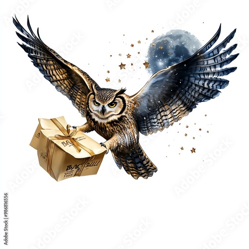 An owl delivering Black Friday sale flyers, flying through the night sky, festive and mysterious, isolated on white background photo