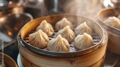 Steamed Dumplings Freshly Cooked in Bamboo Baskets at Traditional Dim Sum Restaurant