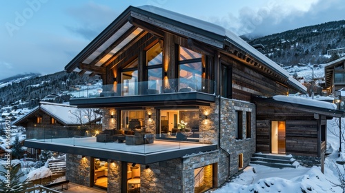 Contemporary Mountain Chalet Embracing Nature with Wood and Stone Accents, Expansive Glass Windows, and Scenic Balcony Overlooking a Snowy Landscape