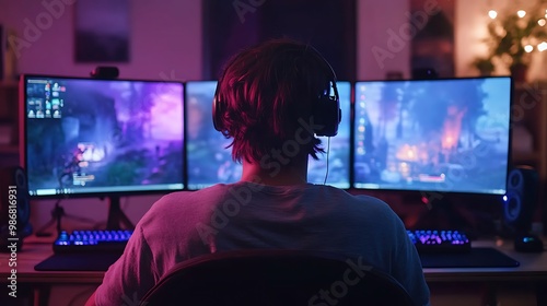 A man wearing headphones sits in front of three computer monitors playing a video game in a dimly lit room. photo