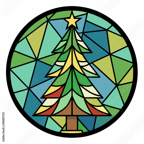 Stained Glass Christmas tree round sign Black Vector silhouette