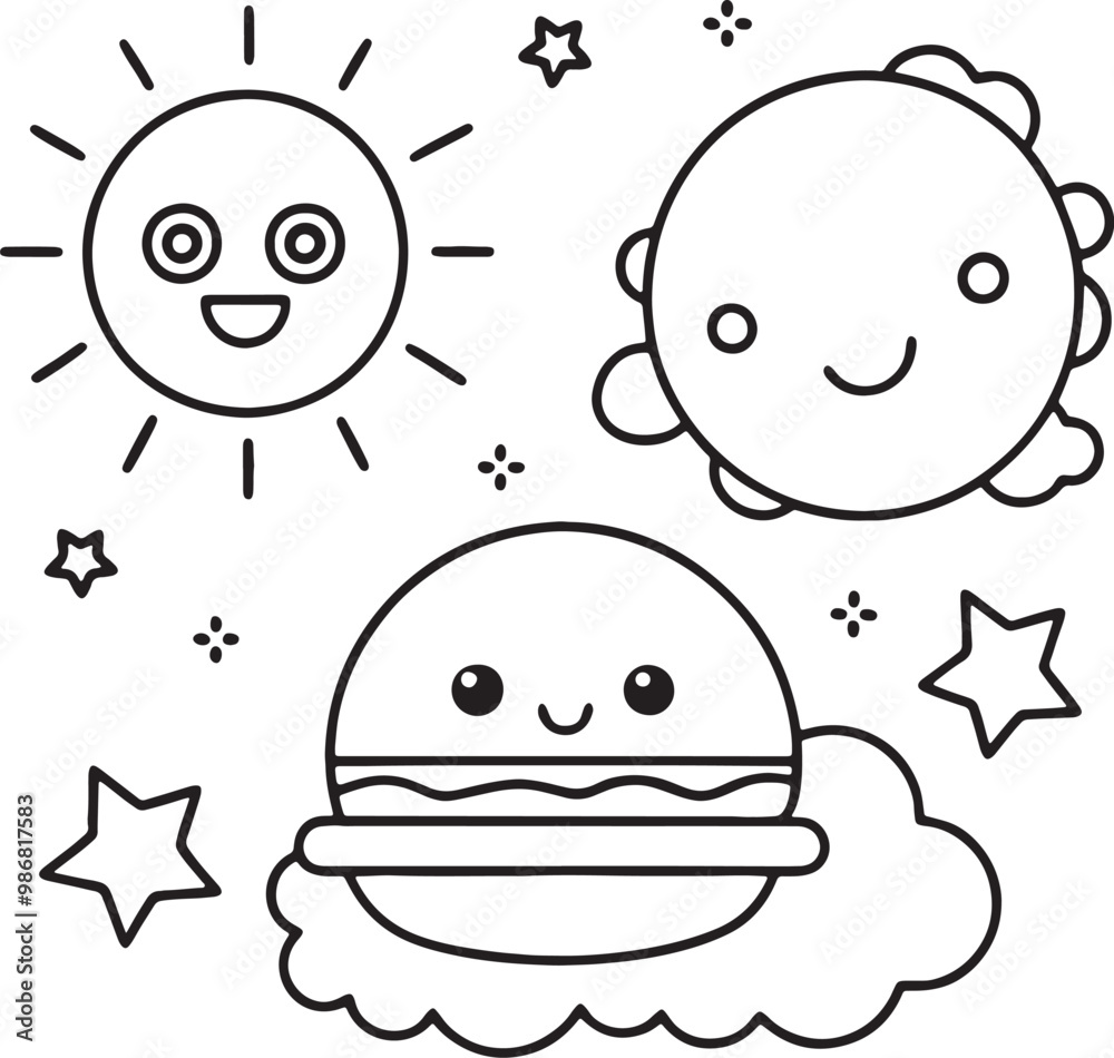 Hand drawn kawaii coloring book illustration Hand drawn kawaii coloring book illustration