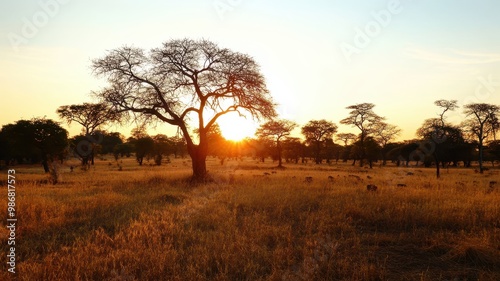 Sunset Over African Savanna with Silhouetted Trees and Grazing Wildlife