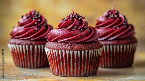 Three Red Velvet Cupcakes with Chocolate Sprinkles