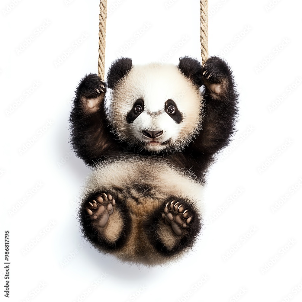 Naklejka premium A panda hanging from a Black Friday banner, looking playful and charming, isolated on white background
