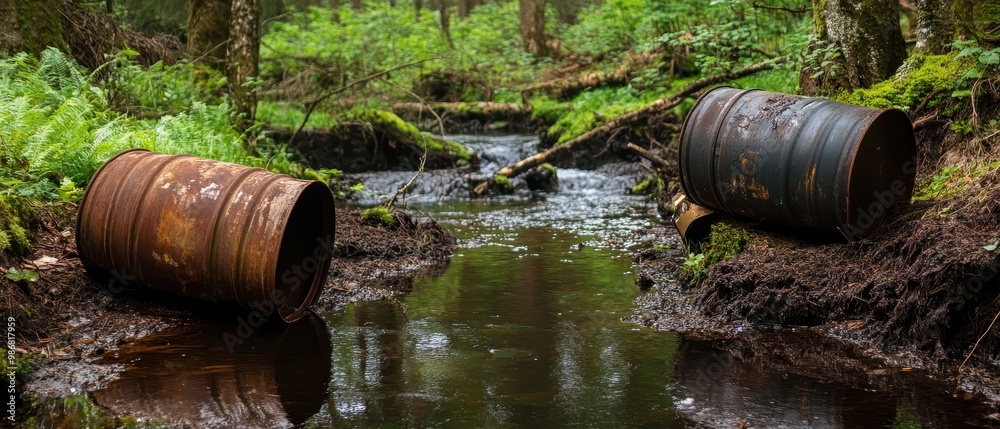 Rusty Oil Barrels Polluting a Forest Stream with Chemicals and Oil Spillage in a Natural Environment Rusty Oil Barrels Polluting a Forest Stream with Chemicals and Oil Spillage in a Natural Environment