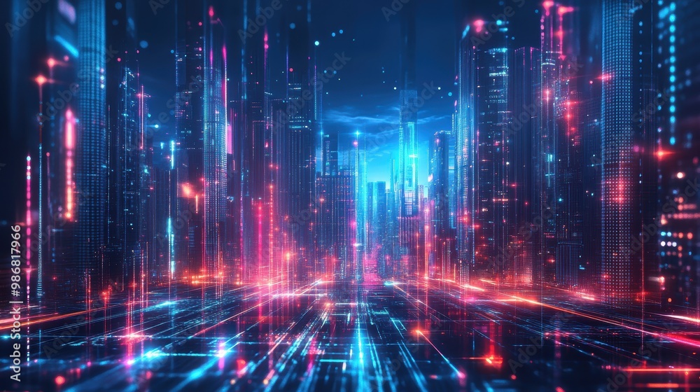 Fototapeta premium cityscape with space and neon light effect. Modern hi-tech, science, futuristic technology concept. Abstract digital high tech city design for banner background