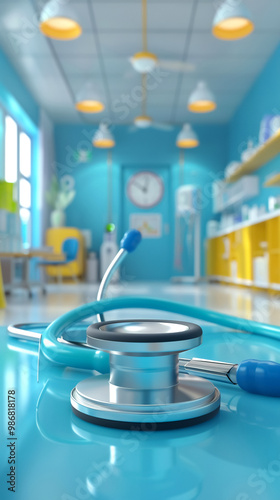 stethoscope rests on bright blue surface in modern medical office, showcasing vibrant and inviting healthcare environment. room features colorful shelves and clock, creating cheerful atmosphere