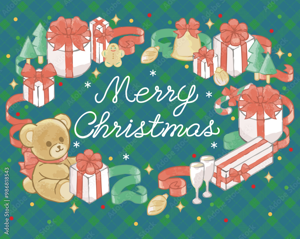 Fototapeta premium クリスマス 手描き 水彩 フレーム 文字 背景 かわいい コピースペース イラスト素材