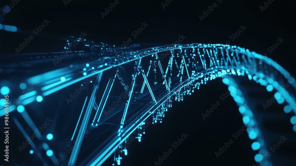 A futuristic bridge design with glowing blue elements, showcasing intricate network patterns against a dark background. A futuristic bridge design with glowing blue elements, showcasing intricate network patterns against a dark background.