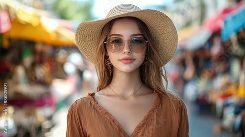 Young woman wearing a straw hat and sunglasses, standing in front of a market.