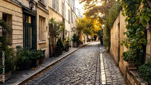 Cobblestone Street in Paris with Old Buildings and Greenery