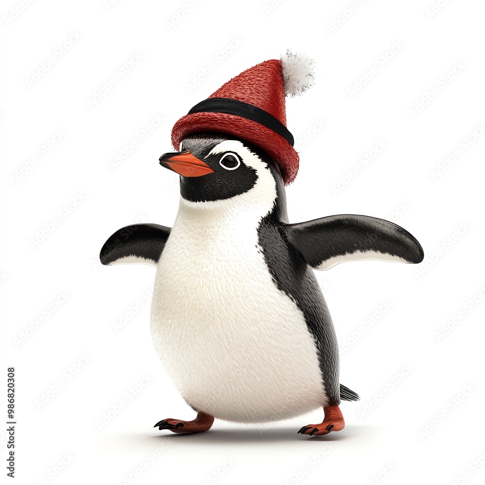 Fototapeta premium A penguin wearing a Black Friday hat, sliding on its belly towards a sale, festive and playful, isolated on white background