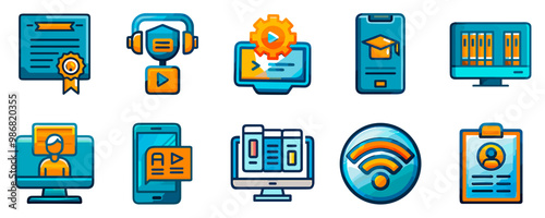 Vector icon set for online education and courses, 10 icons on a transparent background