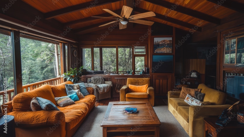 Naklejka premium A ceiling fan spinning above a rustic living room, its wooden blades complementing the warm, earthy tones of the furniture and décor.