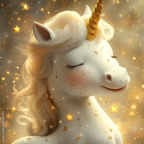 A serene unicorn portrait surrounded by shimmering gold stars, capturing magic and fantasy in a whimsical light. photo