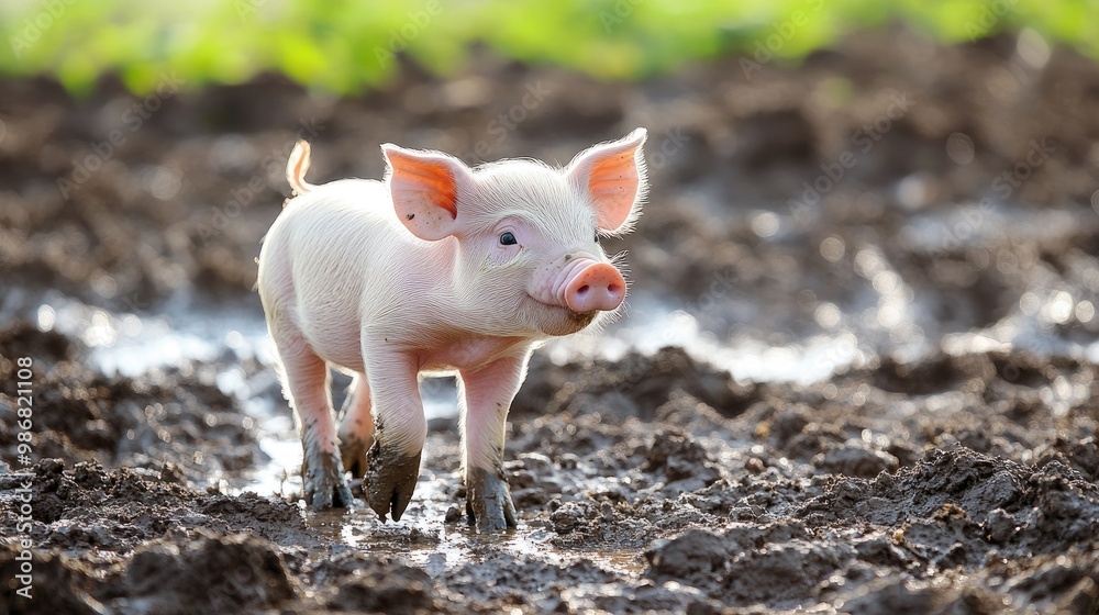 A chubby baby piglet standing in a muddy field, its tiny snout sniffing the air as it explores its surroundings. A chubby baby piglet standing in a muddy field, its tiny snout sniffing the air as it explores its surroundings.