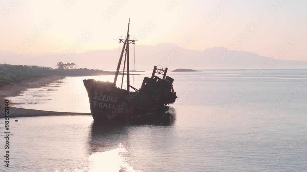 greece peloponnese region sunken ship stuck on the beach rusty old metal formerly used for transportation and trade greece peloponnese region sunken ship stuck on the beach rusty old metal formerly used for transportation and trade