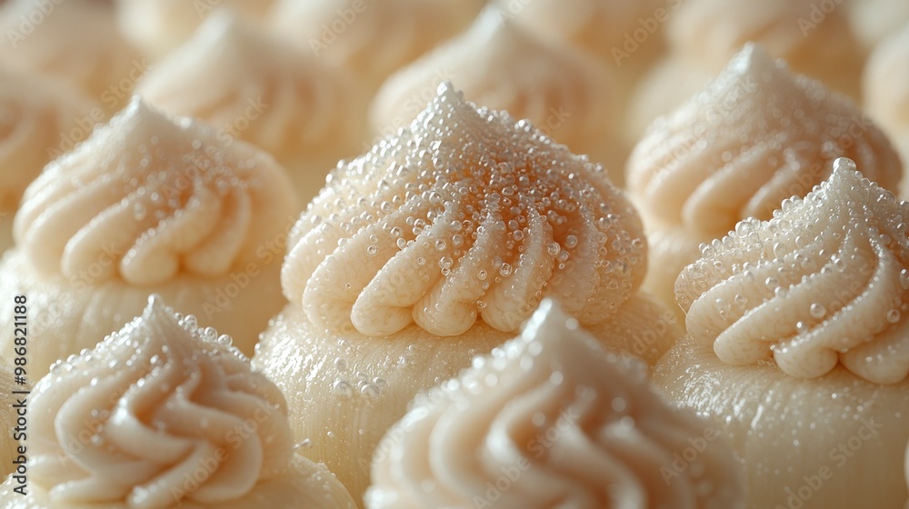 Close-up of Delicate Cream-Filled Cupcakes with Pearl-Like Sprinkles Close-up of Delicate Cream-Filled Cupcakes with Pearl-Like Sprinkles