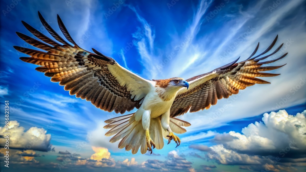 Fototapeta premium The majestic Philippine eagle spreads its wings, a symbol of strength and freedom, as it soars effortlessly through