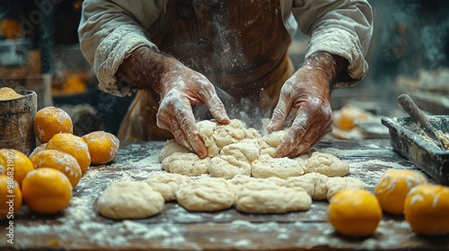 Obraz na płótnie Baker's Hands Shaping Dough in Floury Kitchen