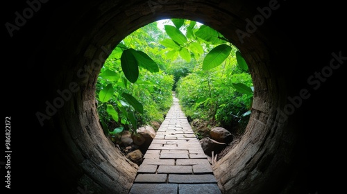 A cobblestone path leads through a lush green forest, seen from a circular tunnel entrance, representing a journey into nature.