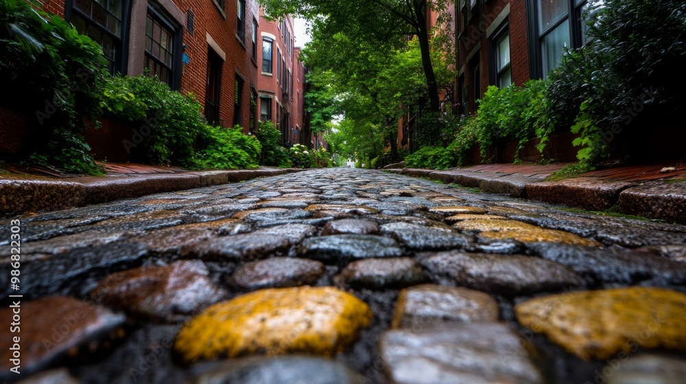 A wet cobblestone street shines under the rain, framed by brick houses and lush greenery, creating a charming scene. A wet cobblestone street shines under the rain, framed by brick houses and lush greenery, creating a charming scene.