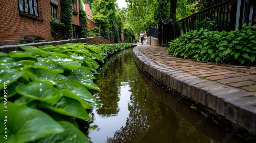 A tranquil canal lined with green foliage flows beside a brick path, inviting a peaceful stroll through a quiet neighborhood. A tranquil canal lined with green foliage flows beside a brick path, inviting a peaceful stroll through a quiet neighborhood.