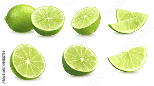 Set of Lime isolated. Lime half, slice, piece isolate on white