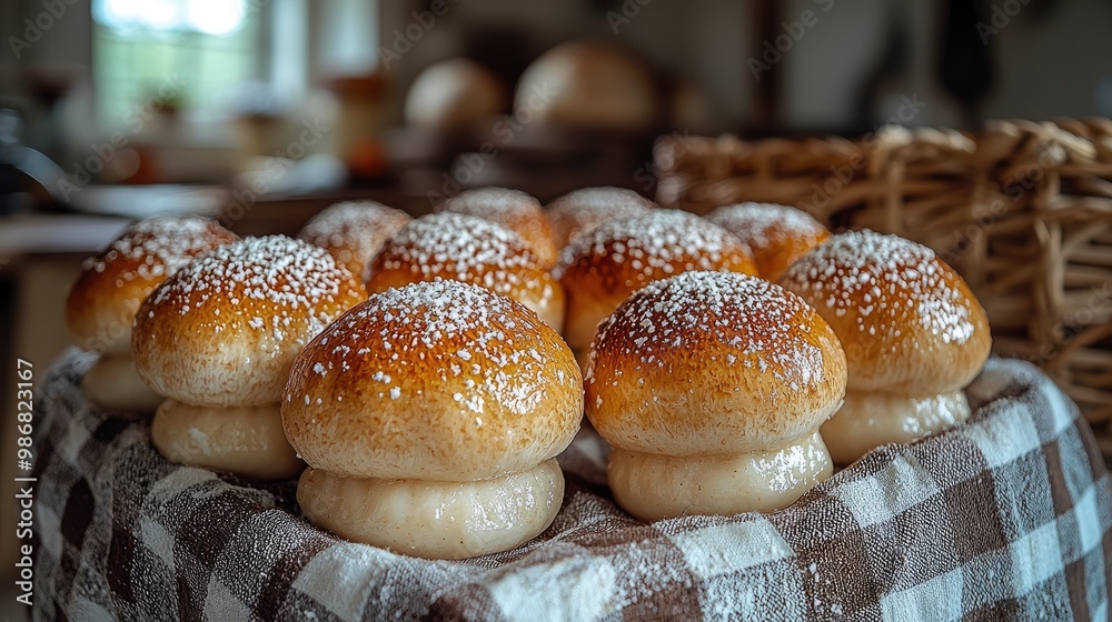 Freshly Baked Sweet Buns with Powdered Sugar Freshly Baked Sweet Buns with Powdered Sugar