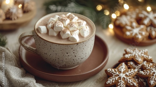 Cozy Scene Featuring Rich Hot Chocolate Topped with Fluffy Whipped Cream and Colorful Marshmallows, Perfect for Winter Indulgence