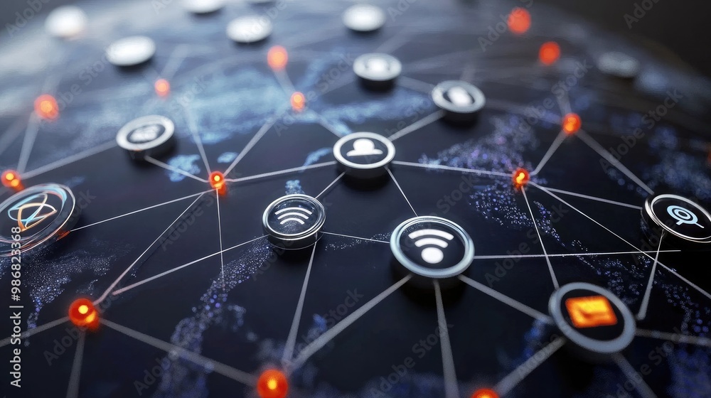 network icons on globe, black setting (close up, focus on, copy space) network icons on globe, black setting (close up, focus on, copy space)