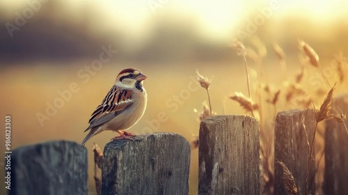 A sparrow perched on a rustic wooden fence, its small beak open as it chirps in the early morning light, with fields in the background. photo