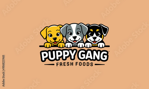 Cute puppy trio logo for pet food brand.