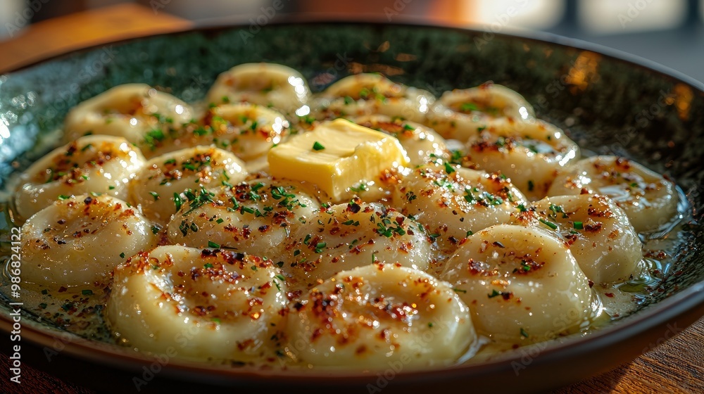 Close-up of Delicious Potato Dumplings with Butter and Herbs