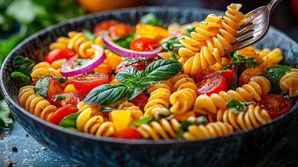 Closeup of a Delicious Pasta Salad with Cherry Tomatoes, Basil and Red Onion Closeup of a Delicious Pasta Salad with Cherry Tomatoes, Basil and Red Onion