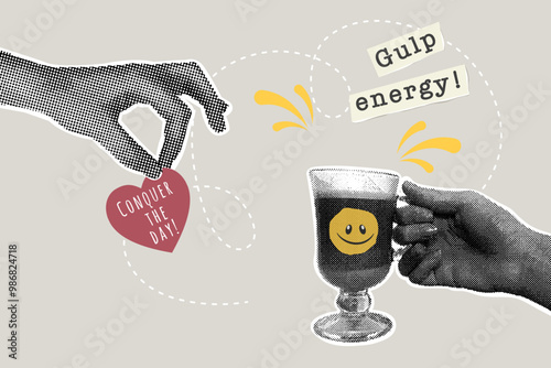 Modern halftone collage. Morning coffee concept, a sip of energy. Get energized for the whole day. Trendy pop art illustration with halftone elements. Banner for coffee shop. Vector illustration