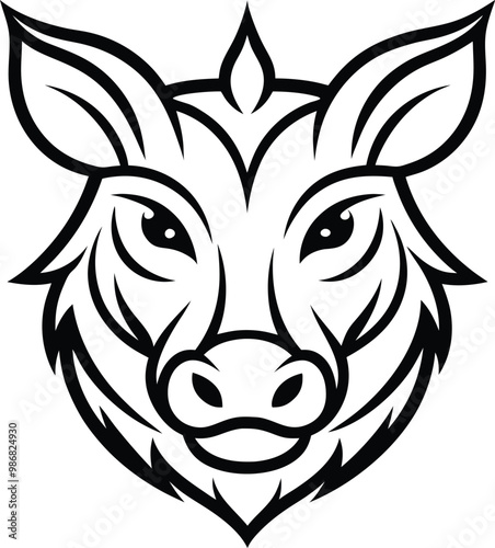 Boar's head tribal tattoo line art illustration on black and white.