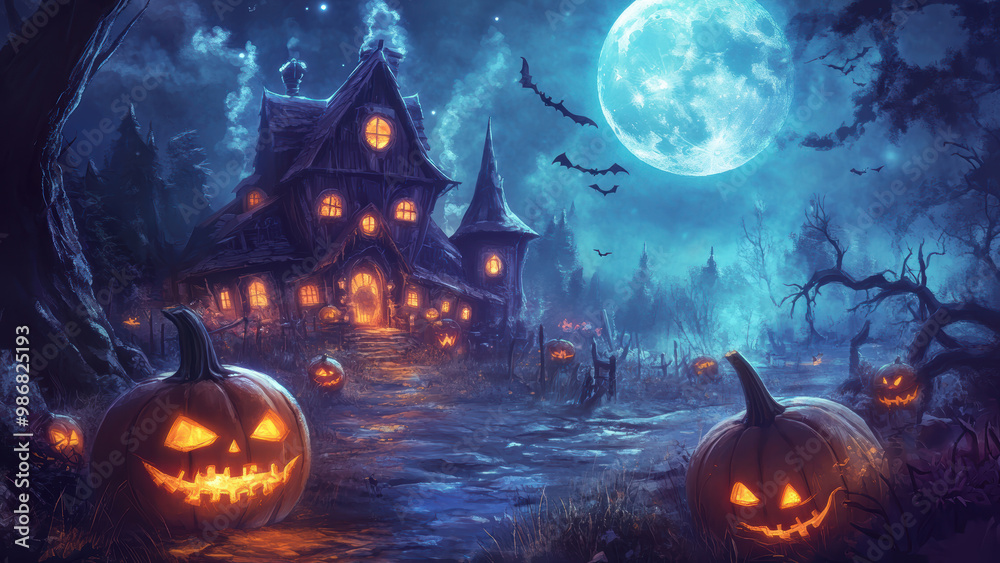 Eerie haunted house with glowing jack-o'-lanterns in a dark, spooky forest under a full moon. Eerie haunted house with glowing jack-o'-lanterns in a dark, spooky forest under a full moon.