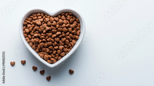 Dog food in heart shaped bowl on white background. Top view.