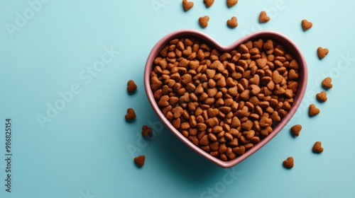 Dry cat food in heart shaped bowl on blue background, Top view with copy space.