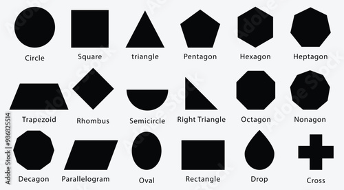 Geometric and basic shapes collection. Vector basic shape. Mathematics formal shape. Polygonal elements. Modern trendy minimalist basic figures, circles, hexagons, triangle flat style.