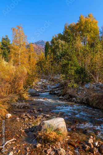 Mountain river on an autumn day in the vicinity of the Kazakh city of Almaty