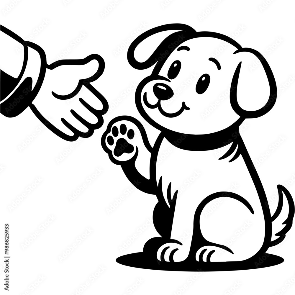 Obraz premium Friendly volunteer lends a helping hand to a homeless puppy in monochrome. Simple minimalistic vector in black ink drawing on transparent background