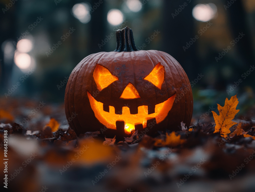 Fototapeta premium lowing Jack-o'-Lantern in a Forest - Halloween Pumpkin Carving