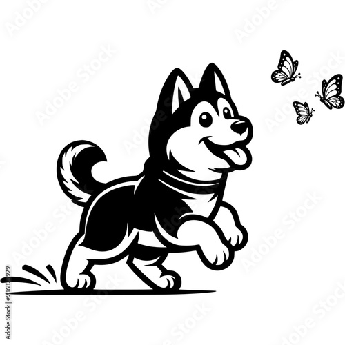 Young husky puppy happily chasing flying butterflies in monochrome. Simple minimalistic vector in black ink drawing on transparent background