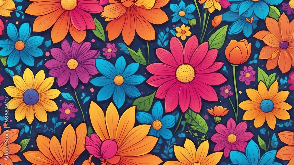 Brightly Colored Flowers in Full Bloom Cartoon Background Design Brightly Colored Flowers in Full Bloom Cartoon Background Design