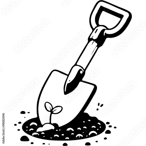 Garden shovel digs up young plant seedling in monochrome. Spring field work. Simple minimalistic vector in black ink drawing on transparent background